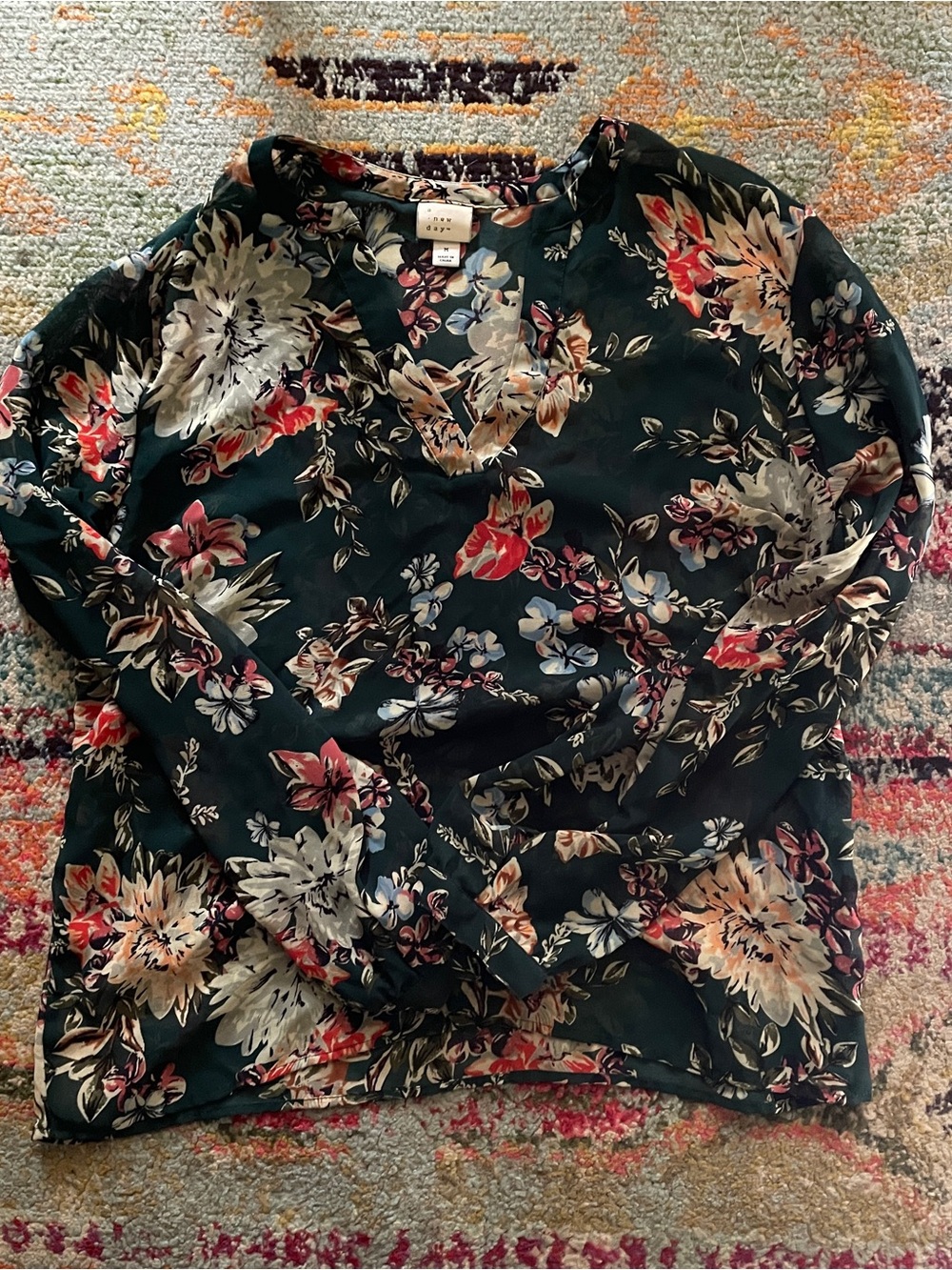 a new day Dark Green Floral V-Neck Blouse